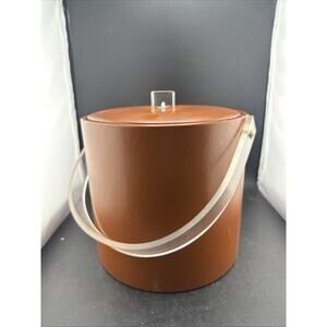 Vintage Georges Briard Brown Faux Leather Ice Bucket Lucite Handle Barware MCM